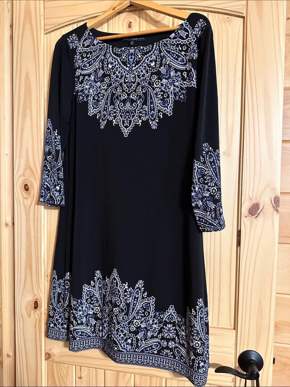White House Black Market Black Dress with White & Navy Paisley Accents